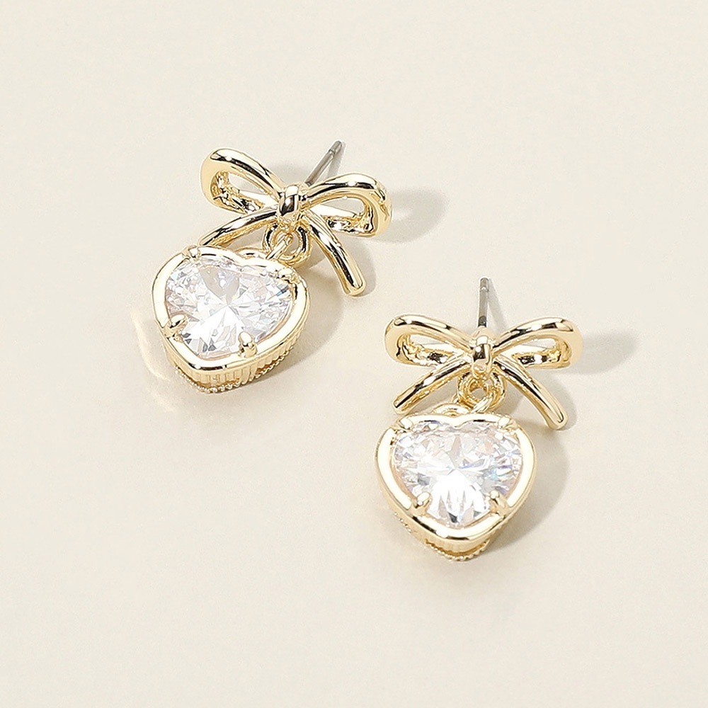 14K Gold Bow Heart Earrings with CZ